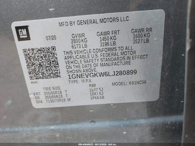 2020 Chevrolet Traverse Awd Lt Cloth მანქანა იყიდება აუქციონზე, vin: 1GNEVGKW6LJ280899, აუქციონის ნომერი: 45848022