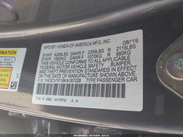 Продаж на аукціоні авто 2019 Honda Accord Lx, vin: 1HGCV1F16KA167028, номер лоту: 45848025