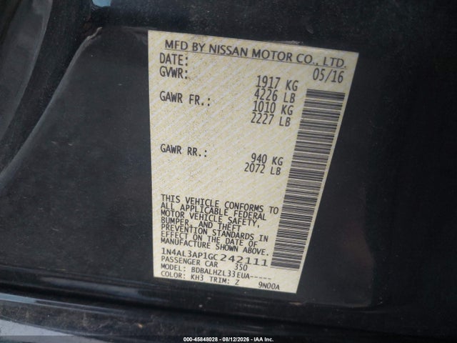 45848028 :رقم المزاد ، 1N4AL3AP1GC242111 vin ، 2016 Nissan Altima 2.5 Sr مزاد بيع