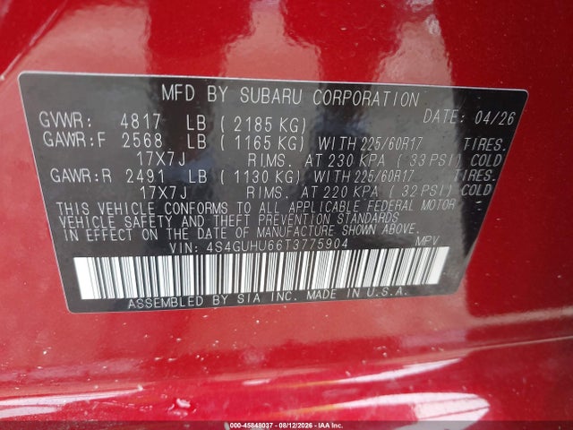Продаж на аукціоні авто 2026 Subaru Crosstrek Wilderness, vin: 4S4GUHU66T3775904, номер лоту: 45848037