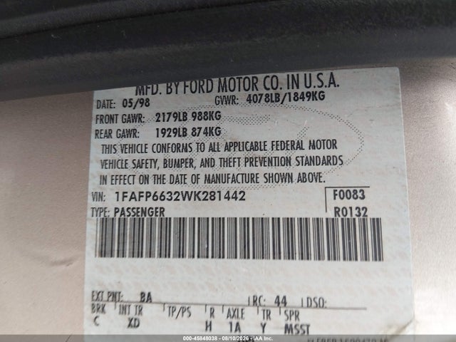 Aukcja sprzedaży 1998 Ford Contour Lx/se, vin: 1FAFP6632WK281442, numer aukcji: 45848038