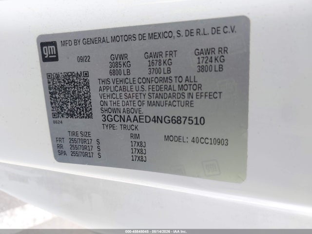 Aukcja sprzedaży 2022 Chevrolet Silverado 1500 2wd  Long Bed Wt, vin: 3GCNAAED4NG687510, numer aukcji: 45848045