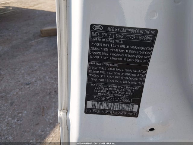 Aukcja sprzedaży 2012 Land Rover Range Rover Sport Hse, vin: SALSK2D41CA749991, numer aukcji: 45848067