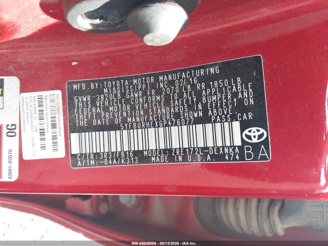 45848068 :رقم المزاد ، 5YFBURHEXGP476077 vin ، 2016 Toyota Corolla Le مزاد بيع