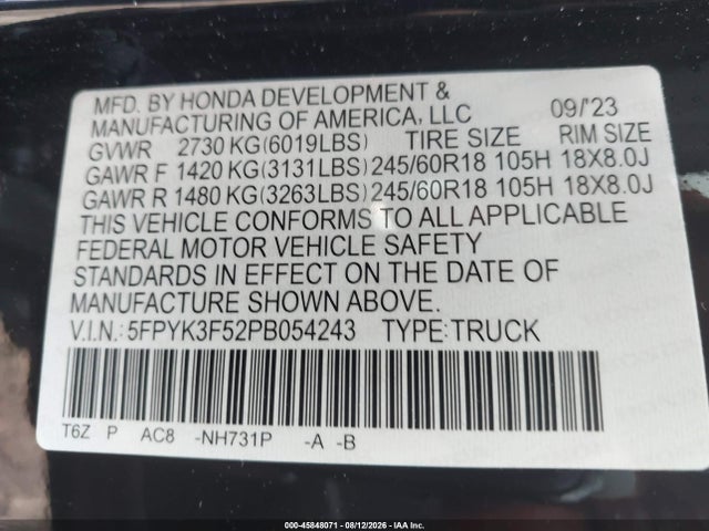 Продажа на аукционе авто 2023 Honda Ridgeline Rtl, vin: 5FPYK3F52PB054243, номер лота: 45848071