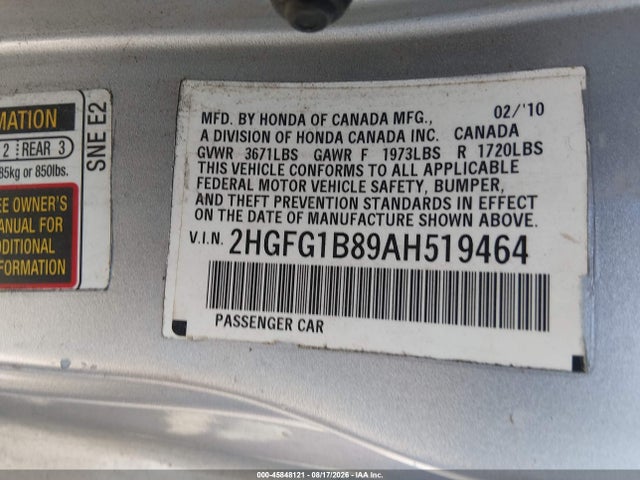 Aukcja sprzedaży 2010 Honda Civic Ex, vin: 2HGFG1B89AH519464, numer aukcji: 45848121