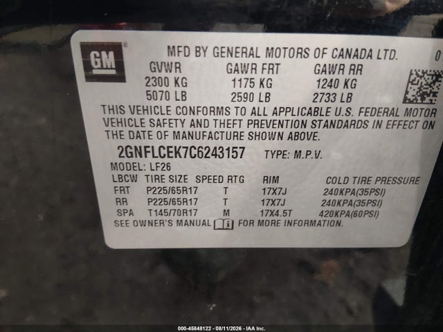 45848122 :رقم المزاد ، 2GNFLCEK7C6243157 vin ، 2012 Chevrolet Equinox Ls مزاد بيع