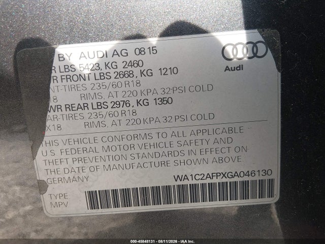 Продаж на аукціоні авто 2016 Audi Q5 2.0t Premium, vin: WA1C2AFPXGA046130, номер лоту: 45848131