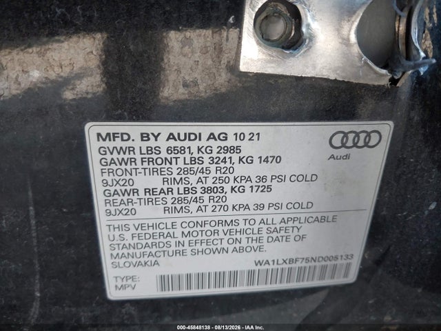 Продажа на аукционе авто 2022 Audi Q7 Premium Plus 55 Tfsi Quattro Tiptronic, vin: WA1LXBF75ND005133, номер лота: 45848138