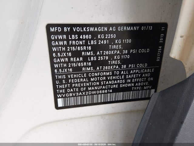 2013 Volkswagen Tiguan S მანქანა იყიდება აუქციონზე, vin: WVGBV3AX2DW068614, აუქციონის ნომერი: 45848155