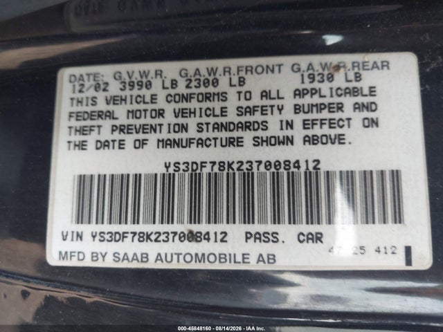 Продажа на аукционе авто 2003 Saab 9-3 Se, vin: YS3DF78K237008412, номер лота: 45848160