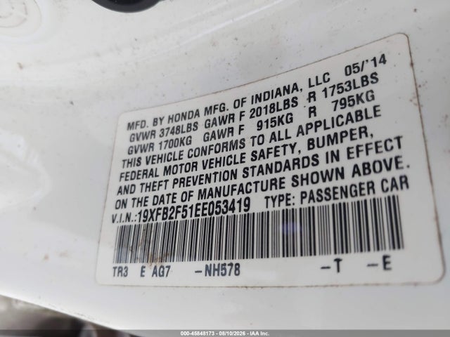 Aukcja sprzedaży 2014 Honda Civic Lx, vin: 19XFB2F51EE053419, numer aukcji: 45848173