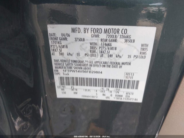 Продажа на аукционе авто 2006 Ford F-150 Fx4/lariat/xlt, vin: 1FTPW14V56FB29804, номер лота: 45848196