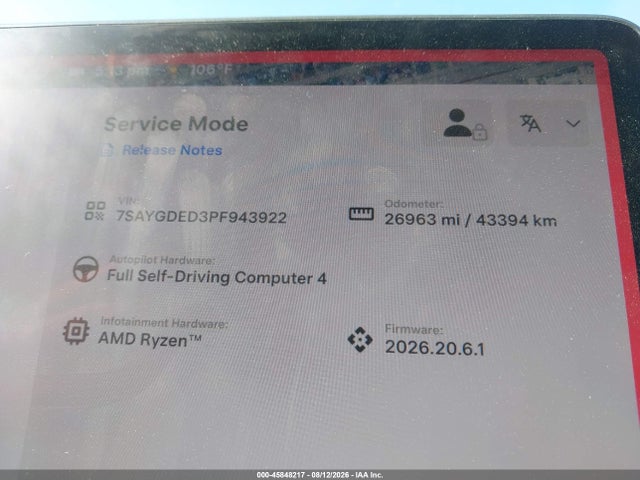45848217 :رقم المزاد ، 7SAYGDED3PF943922 vin ، 2023 Tesla Model Y Rwd مزاد بيع