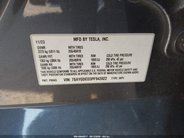 45848217 :رقم المزاد ، 7SAYGDED3PF943922 vin ، 2023 Tesla Model Y Rwd مزاد بيع
