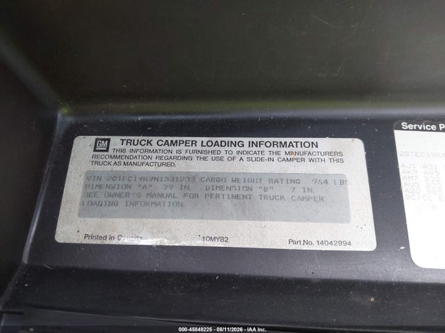 45848225 :رقم المزاد ، 2GTEC19K9N1531233 vin ، 1992 Gmc Sierra C1500 مزاد بيع