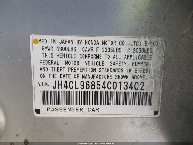 45848231 :رقم المزاد ، JH4CL96854C013402 vin ، 2004 Acura Tsx مزاد بيع