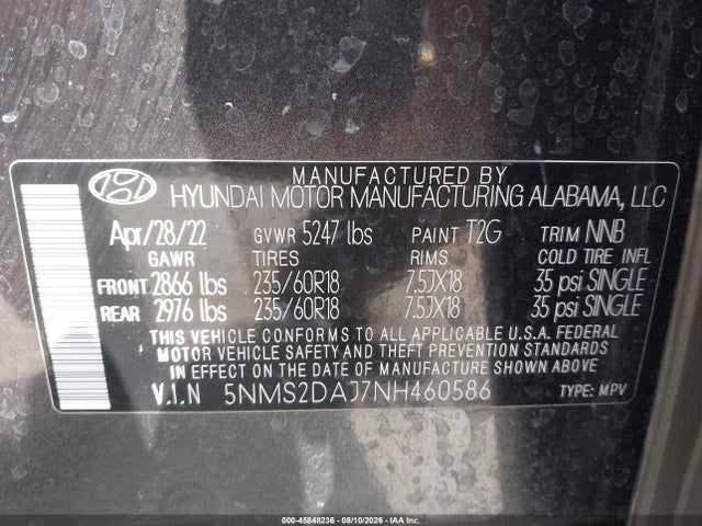 Aukcja sprzedaży 2022 Hyundai Santa Fe Sel, vin: 5NMS2DAJ7NH460586, numer aukcji: 45848236