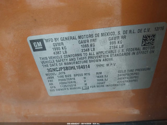 Продаж на аукціоні авто 2017 Chevrolet Trax Lt, vin: 3GNCJPSB0HL184914, номер лоту: 45848247