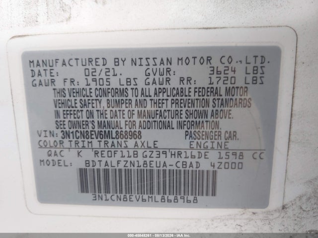 2021 Nissan Versa Sv Xtronic Cvt მანქანა იყიდება აუქციონზე, vin: 3N1CN8EV6ML868968, აუქციონის ნომერი: 45848261