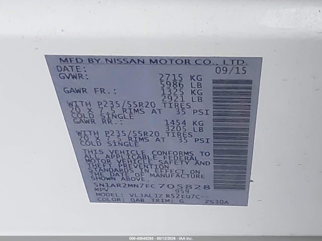 Продаж на аукціоні авто 2015 Nissan Pathfinder Platinum, vin: 5N1AR2MN7FC705828, номер лоту: 45848265