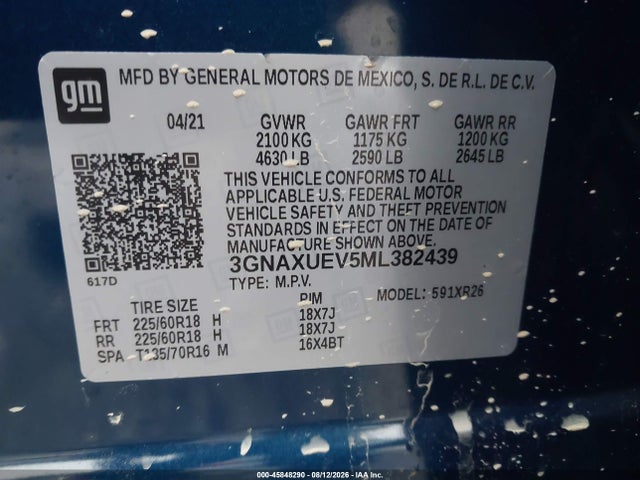 Продаж на аукціоні авто 2021 Chevrolet Equinox Awd Lt, vin: 3GNAXUEV5ML382439, номер лоту: 45848290