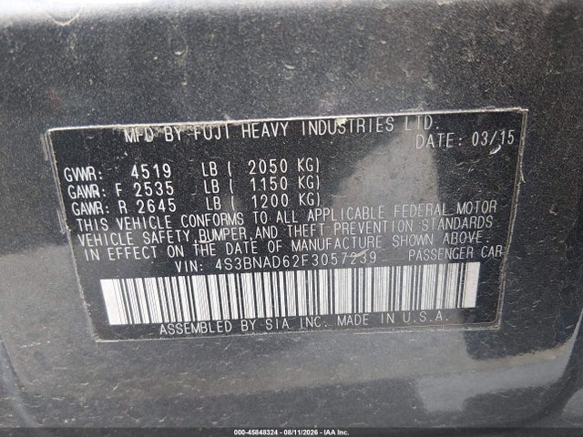2015 Subaru Legacy 2.5i Premium მანქანა იყიდება აუქციონზე, vin: 4S3BNAD62F3057239, აუქციონის ნომერი: 45848324