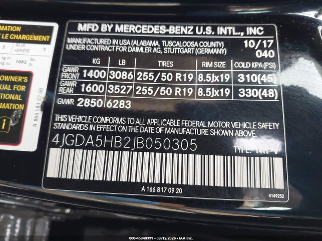 Aukcja sprzedaży 2018 Mercedes-benz Gle 350 4matic, vin: 4JGDA5HB2JB050305, numer aukcji: 45848331