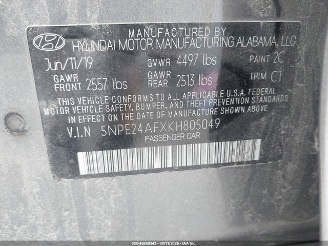 45848343 :رقم المزاد ، 5NPE24AFXKH805049 vin ، 2019 Hyundai Sonata Se مزاد بيع