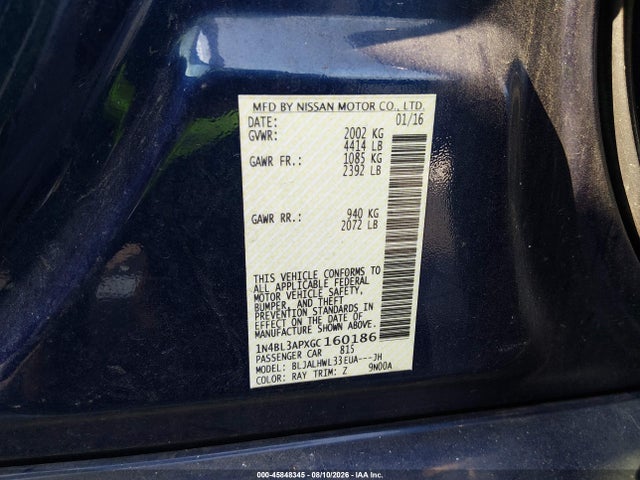 Продажа на аукционе авто 2016 Nissan Altima 3.5 Sr, vin: 1N4BL3APXGC160186, номер лота: 45848345