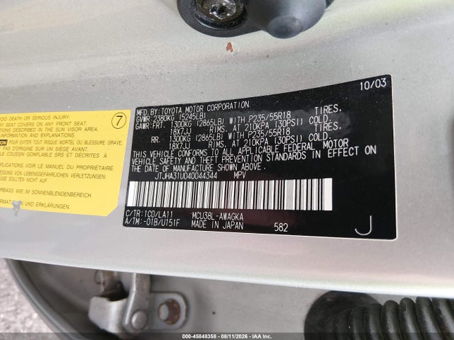 45848358 :رقم المزاد ، JTJHA31U040044344 vin ، 2004 Lexus Rx 330 مزاد بيع