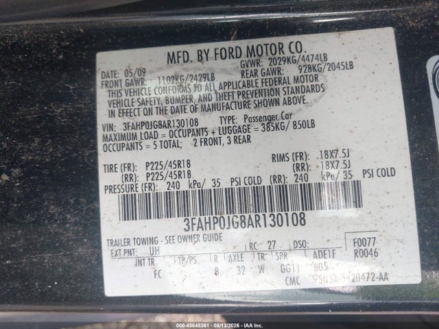 45848361 :رقم المزاد ، 3FAHP0JG8AR130108 vin ، 2010 Ford Fusion Sel مزاد بيع