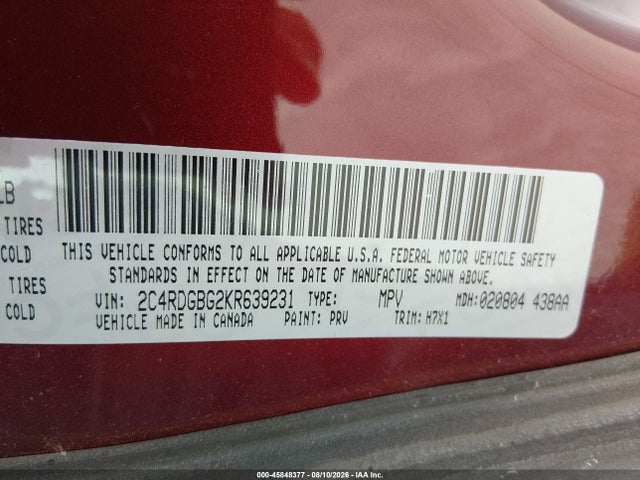 Aukcja sprzedaży 2019 Dodge Grand Caravan Se, vin: 2C4RDGBG2KR639231, numer aukcji: 45848377