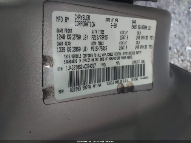 45848382 :رقم المزاد ، 1J4GZ58S2WC324317 vin ، 1998 Jeep Grand Cherokee Laredo مزاد بيع