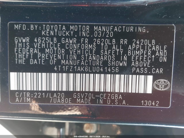 4T1FZ1AK6LU041456 Toyota Camry Xle V6