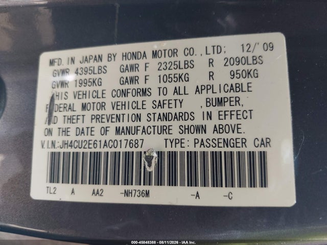 2010 Acura Tsx 2.4 მანქანა იყიდება აუქციონზე, vin: JH4CU2E61AC017687, აუქციონის ნომერი: 45848388
