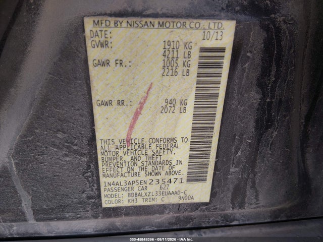 2014 Nissan Altima 2.5 Sl მანქანა იყიდება აუქციონზე, vin: 1N4AL3AP5EN235471, აუქციონის ნომერი: 45848396