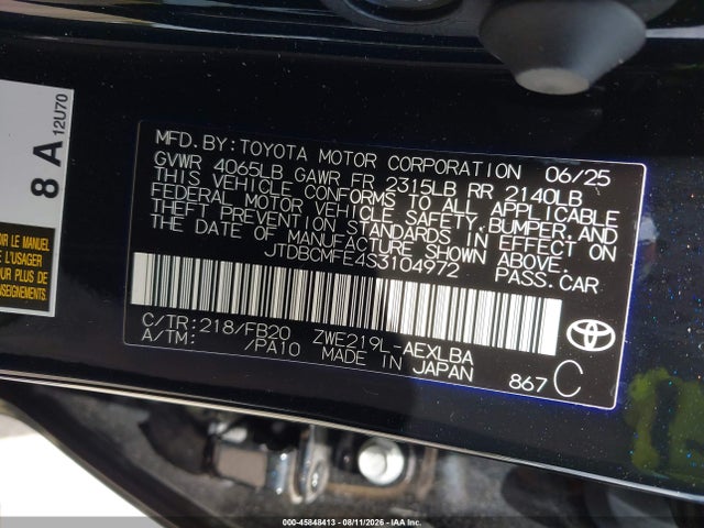 Aukcja sprzedaży 2025 Toyota Corolla Hybrid Le, vin: JTDBCMFE4S3104972, numer aukcji: 45848413