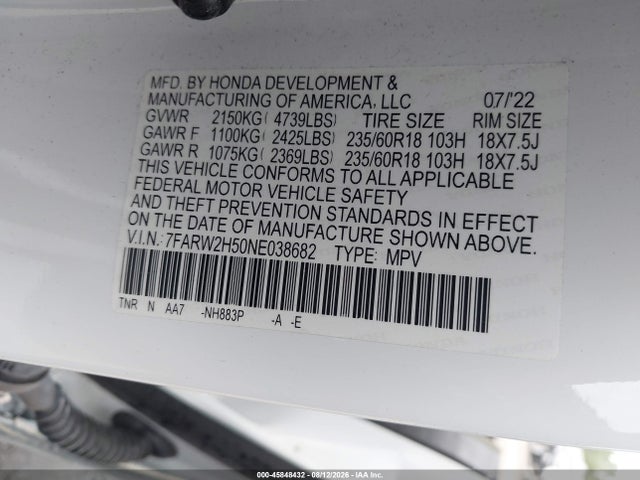 Aukcja sprzedaży 2022 Honda Cr-v Awd Ex, vin: 7FARW2H50NE038682, numer aukcji: 45848432