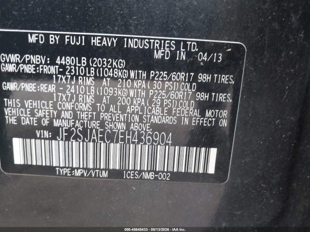 45848433 :رقم المزاد ، JF2SJAEC7EH436904 vin ، 2014 Subaru Forester 2.5i Premium مزاد بيع