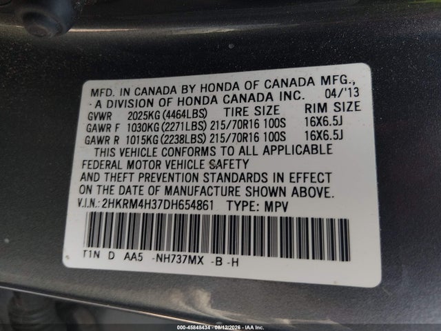 45848434 :رقم المزاد ، 2HKRM4H37DH654861 vin ، 2013 Honda Cr-v Lx مزاد بيع