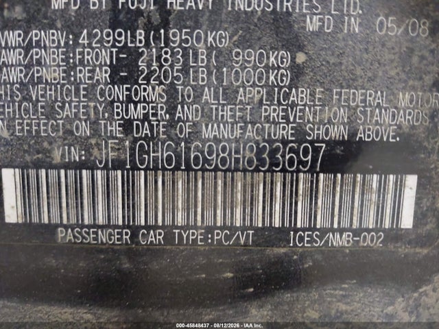 Продаж на аукціоні авто 2008 Subaru Impreza 2.5i, vin: JF1GH61698H833697, номер лоту: 45848437