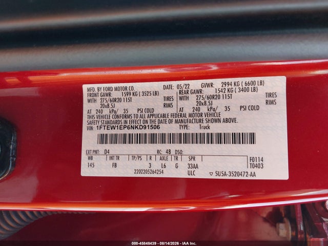 Продажа на аукционе авто 2022 Ford F-150 Xlt, vin: 1FTEW1EP6NKD91506, номер лота: 45848439