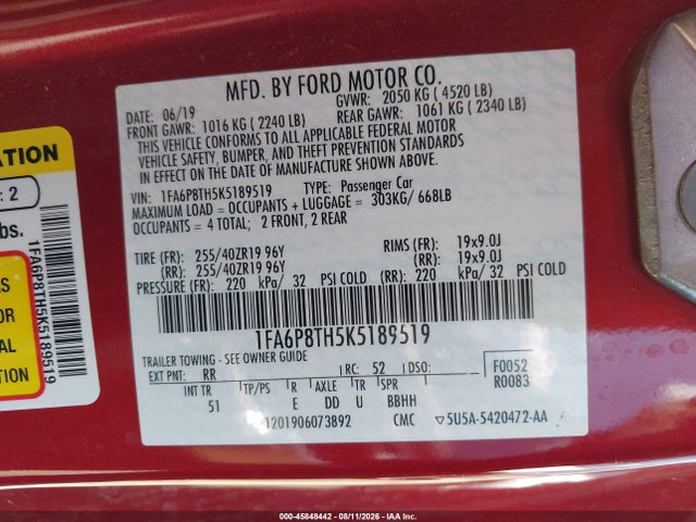 Продаж на аукціоні авто 2019 Ford Mustang Ecoboost Premium, vin: 1FA6P8TH5K5189519, номер лоту: 45848442