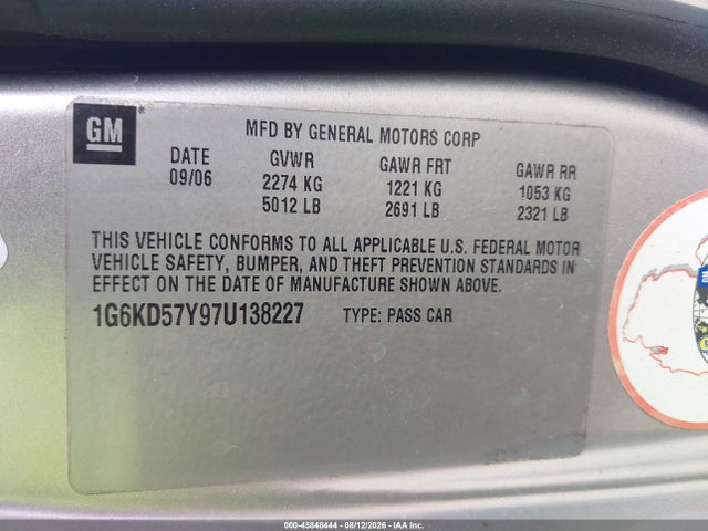 45848444 :رقم المزاد ، 1G6KD57Y97U138227 vin ، 2007 Cadillac Dts Luxury I مزاد بيع