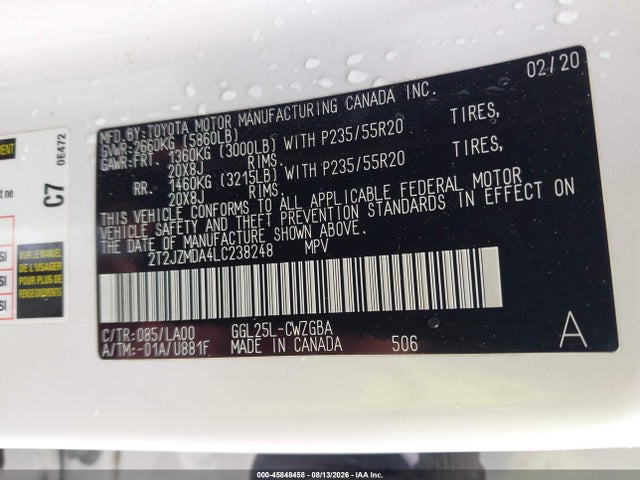 45848458 :رقم المزاد ، 2T2JZMDA4LC238248 vin ، 2020 Lexus Rx 350 مزاد بيع
