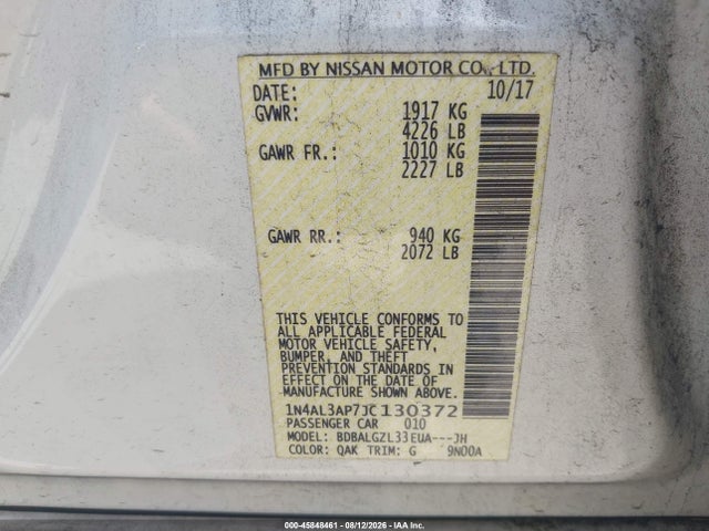 2018 Nissan Altima 2.5 S მანქანა იყიდება აუქციონზე, vin: 1N4AL3AP7JC130372, აუქციონის ნომერი: 45848461