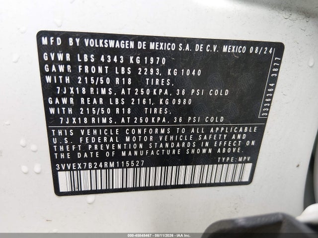 Aukcja sprzedaży 2024 Volkswagen Taos 1.5t Se, vin: 3VVEX7B24RM115527, numer aukcji: 45848467
