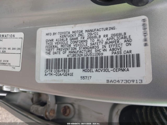 Продажа на аукционе авто 2002 Toyota Camry Le, vin: 4T1BE32K12U511069, номер лота: 45848474