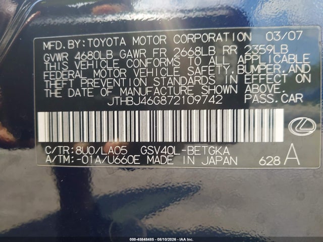 Aukcja sprzedaży 2007 Lexus Es 350, vin: JTHBJ46G872109742, numer aukcji: 45848485